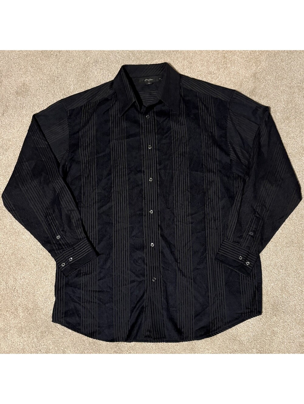Sean John Mens XL Black Ribbed Velvet Stripe Long Sleeve Button-Up Shirt Club